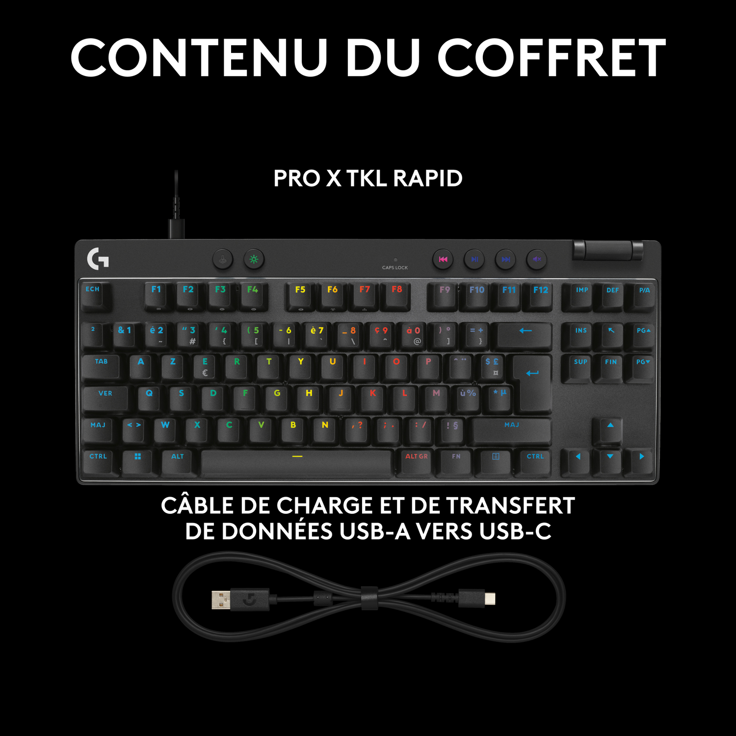 Clavier noir avec touches blanches, avec un câble de chargement noir en bas.