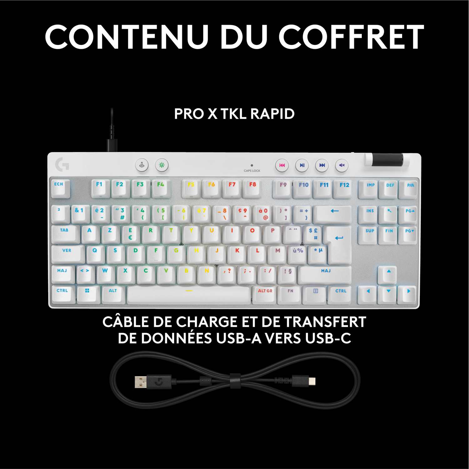 Clavier blanc avec touches jaunes. Câble USB noir et texte en haut. Contenu de la boîte.