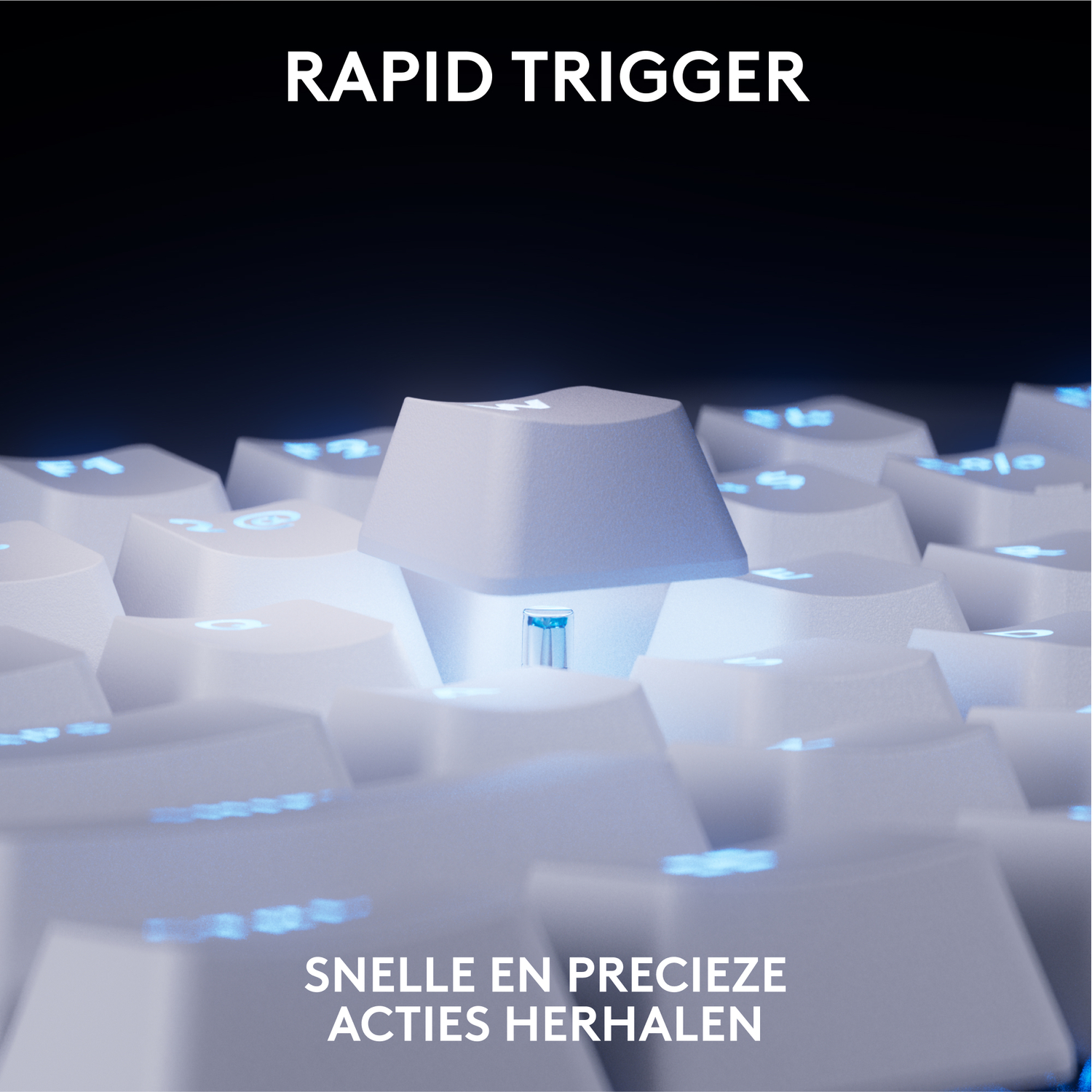 Close-up van een toetsenbord met witte toetsen. Tekst: 'RAPID TRIGGER' en 'SNELLE EN PREICIEZE ACTIES HERHALEN'.