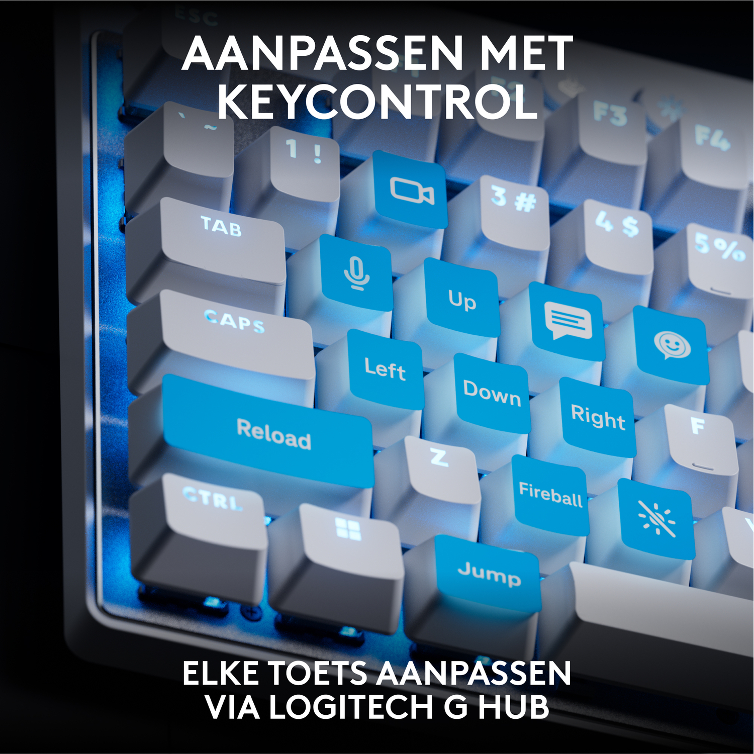 Toetsenbord met witte en blauwe toetsen, met tekst over aanpassing.