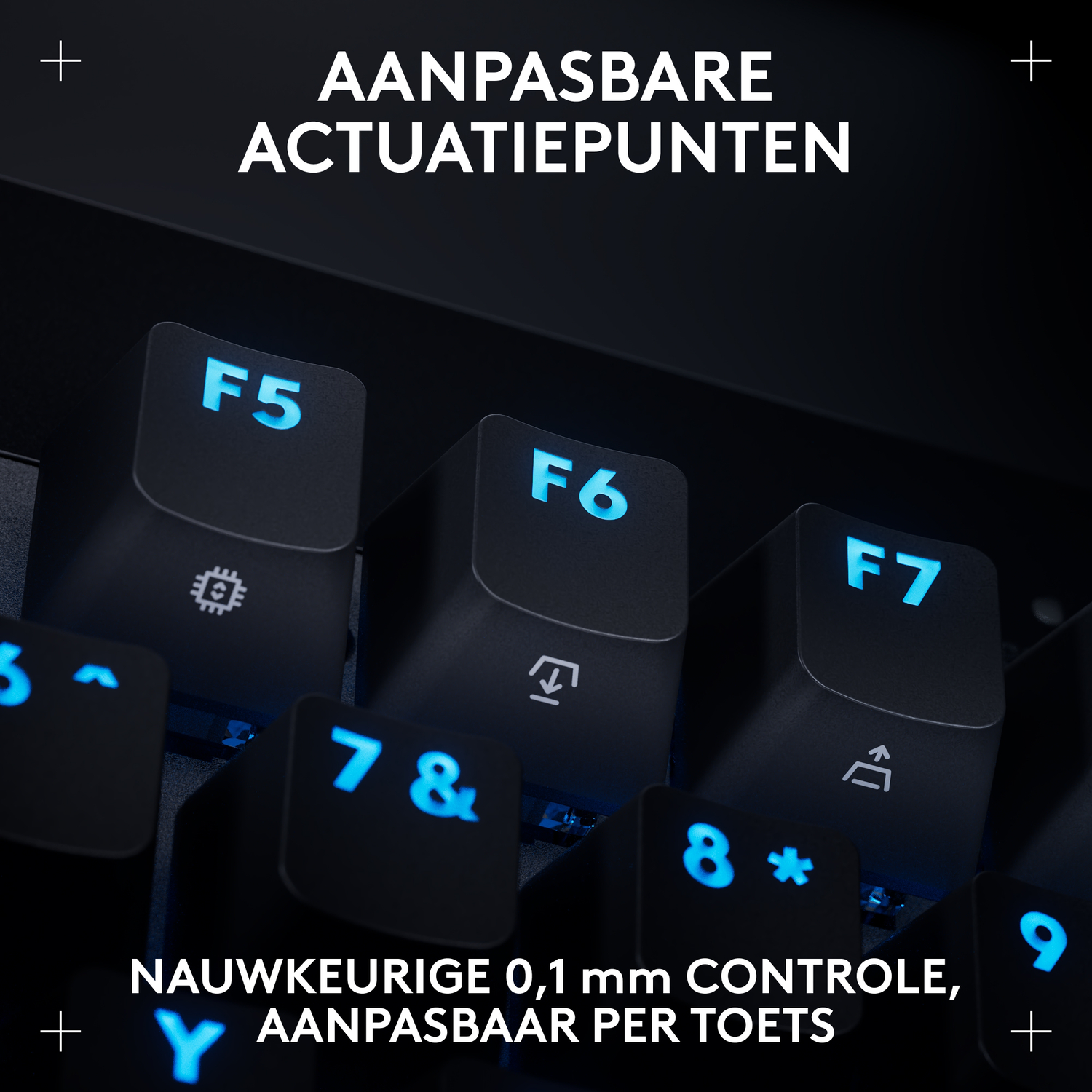 Close-up of black keyboard keys F5, F6, F7, 7&, and 8*, with blue backlighting and text.