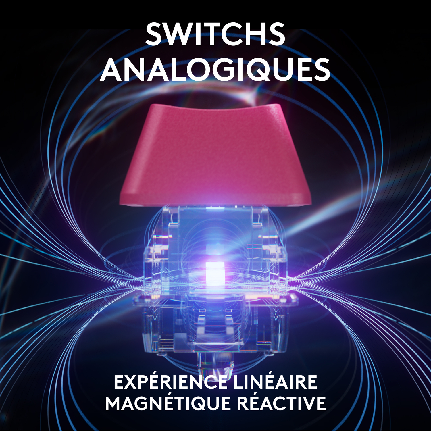Un capuchon de touche rouge au-dessus d'un interrupteur, texte: Switches Analogiques.
