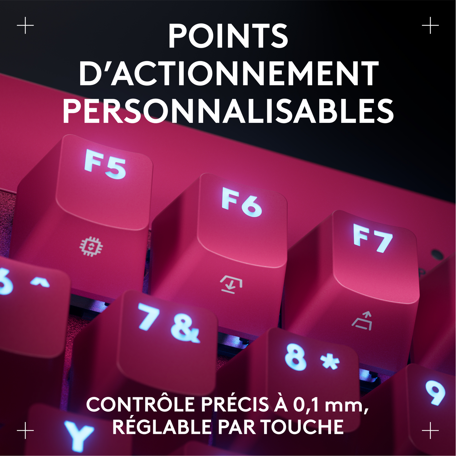 Gros plan d'un clavier avec des touches rouges étiquetées F5, F6, F7, 7& et 8*, avec du texte blanc.