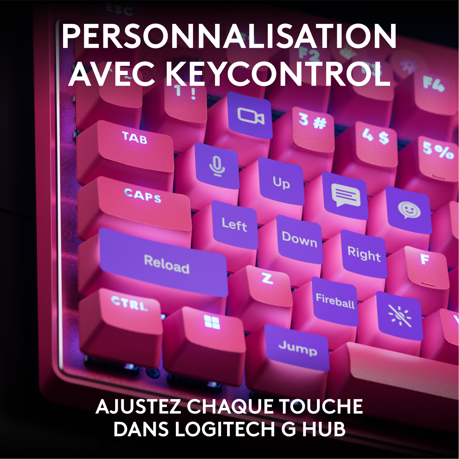 Gros plan sur un clavier rose avec des touches personnalisées. Texte : Personnalisation avec Keycontrol. Ajustez chaque touche.