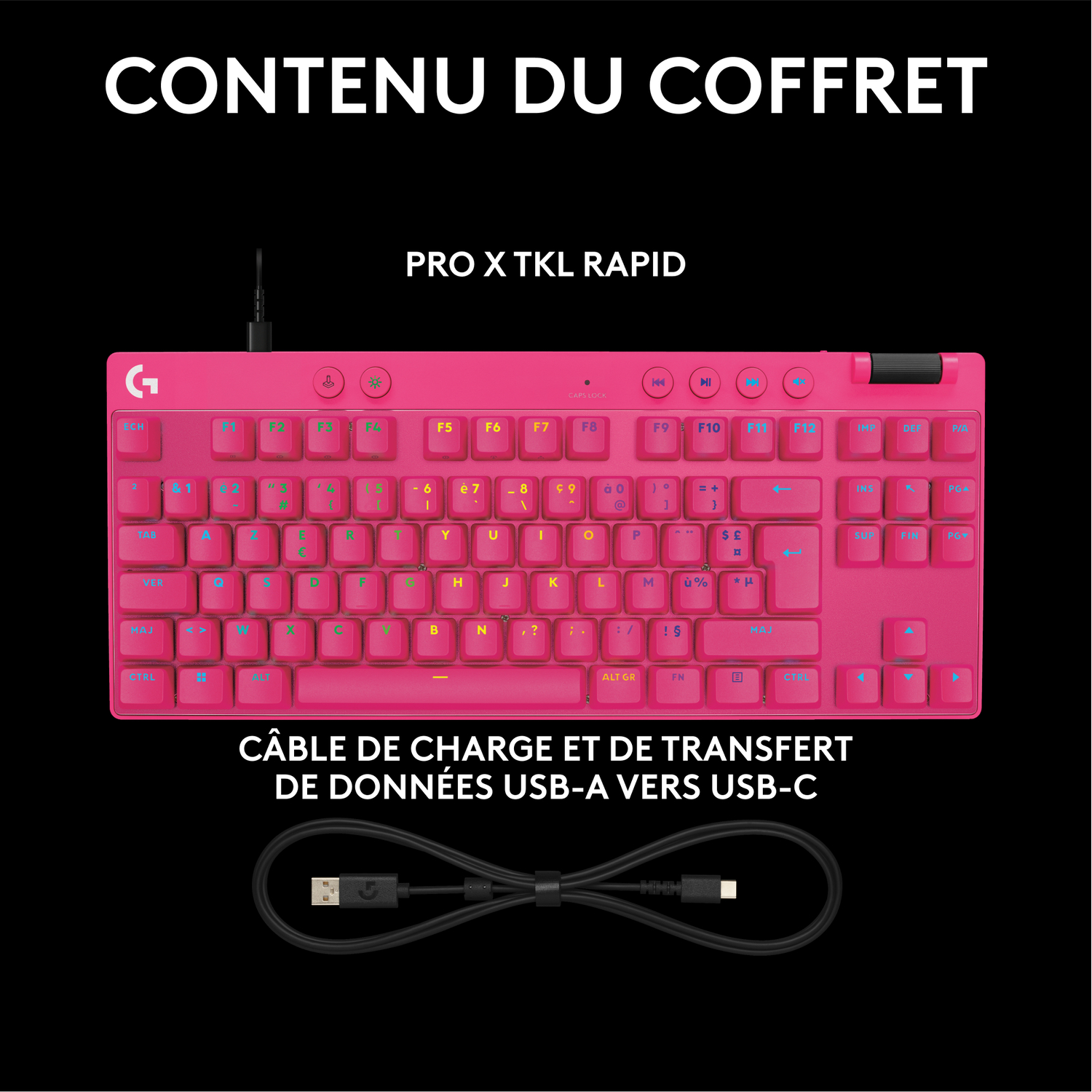 Clavier rose avec un câble USB. Le texte est en français, clavier et câble sur fond noir.