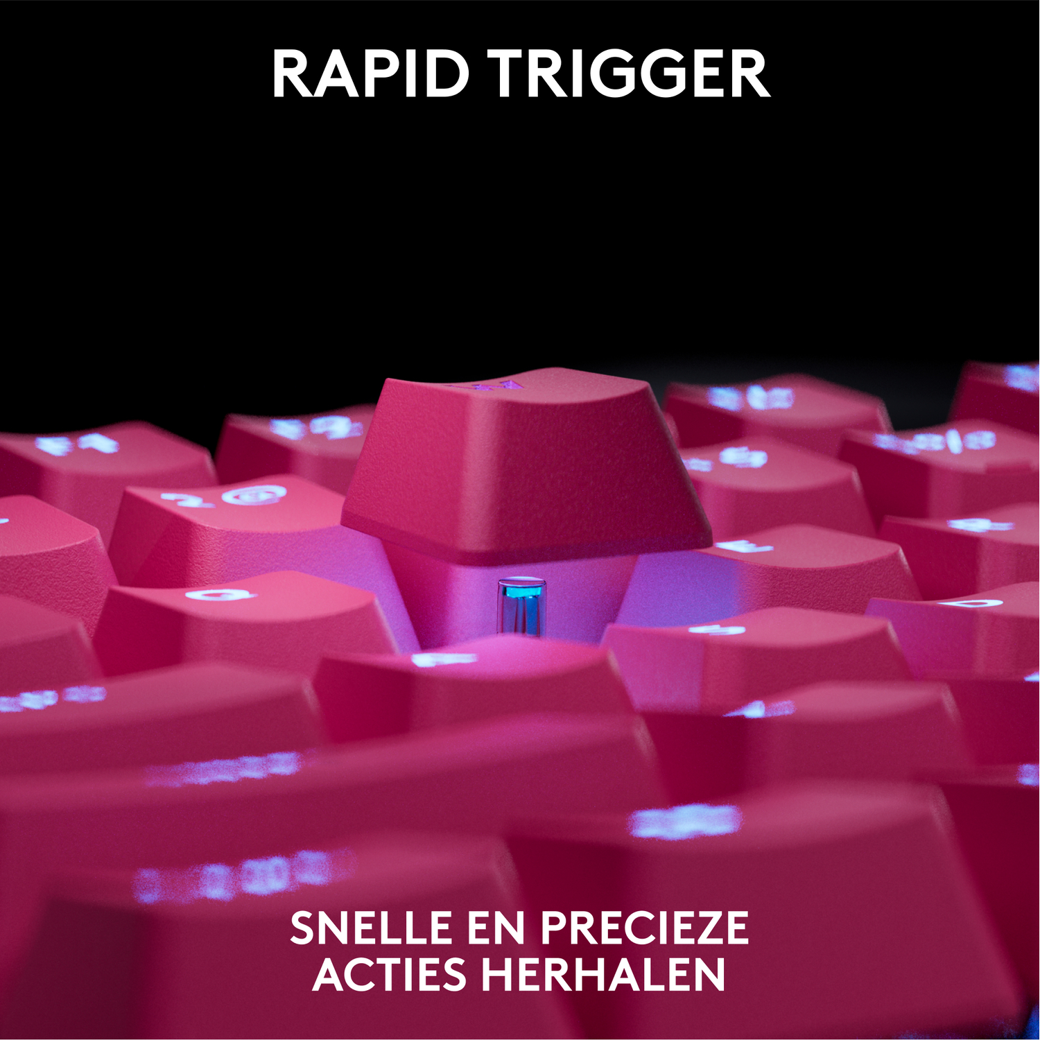 Close-up of a pink keyboard with 'Rapid Trigger' text. Focus on the keys.