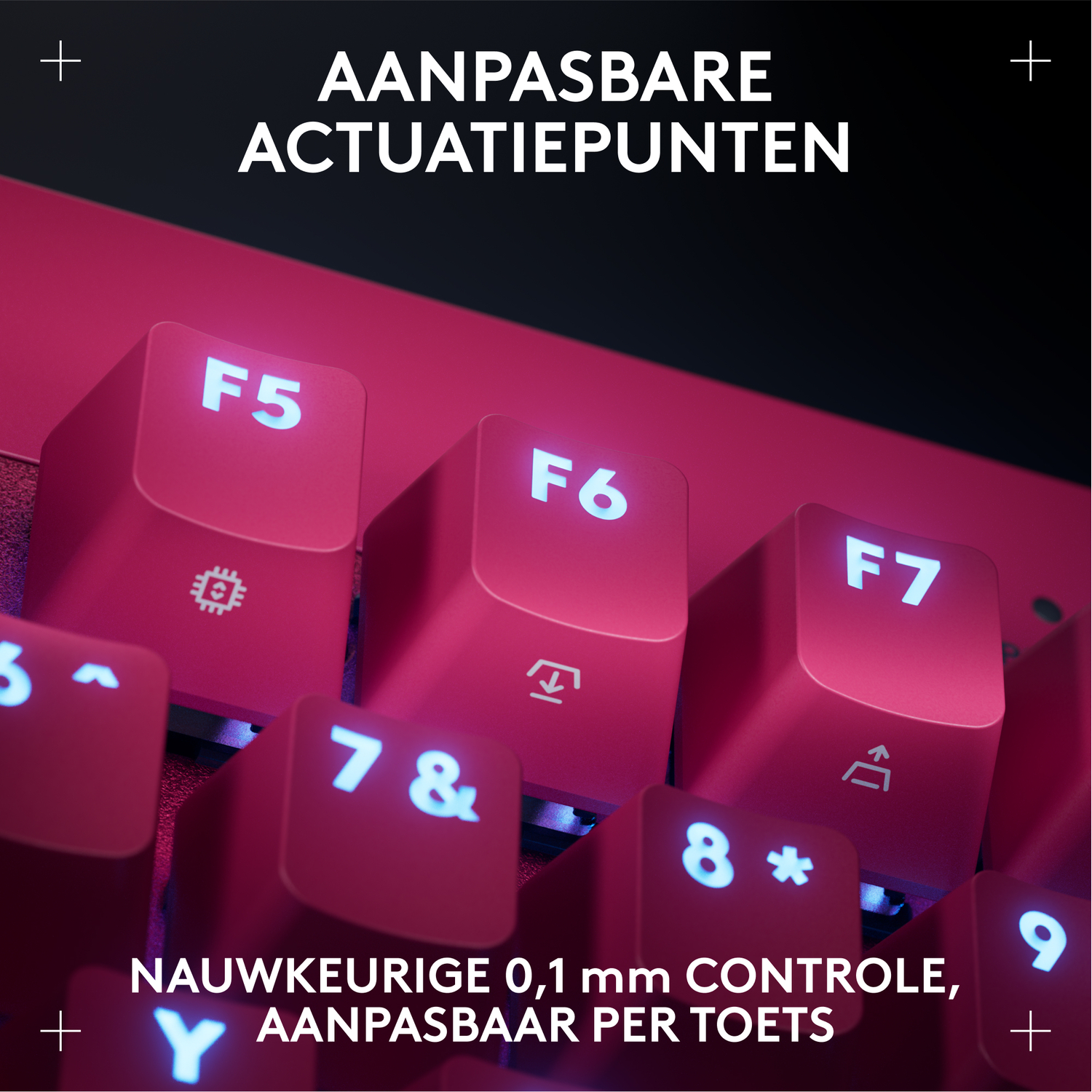 Pink keyboard keys with white letters and symbols. Close-up shot.
