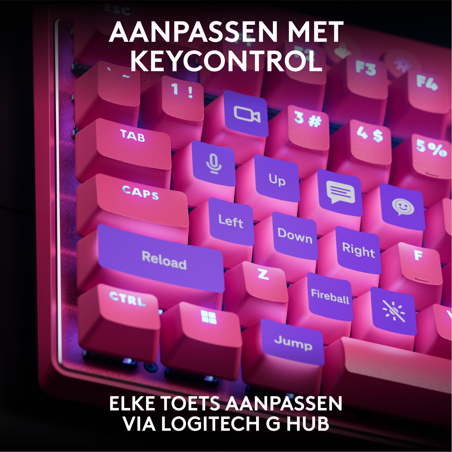 Close-up of a keyboard with red keys and purple keys. Dark background.