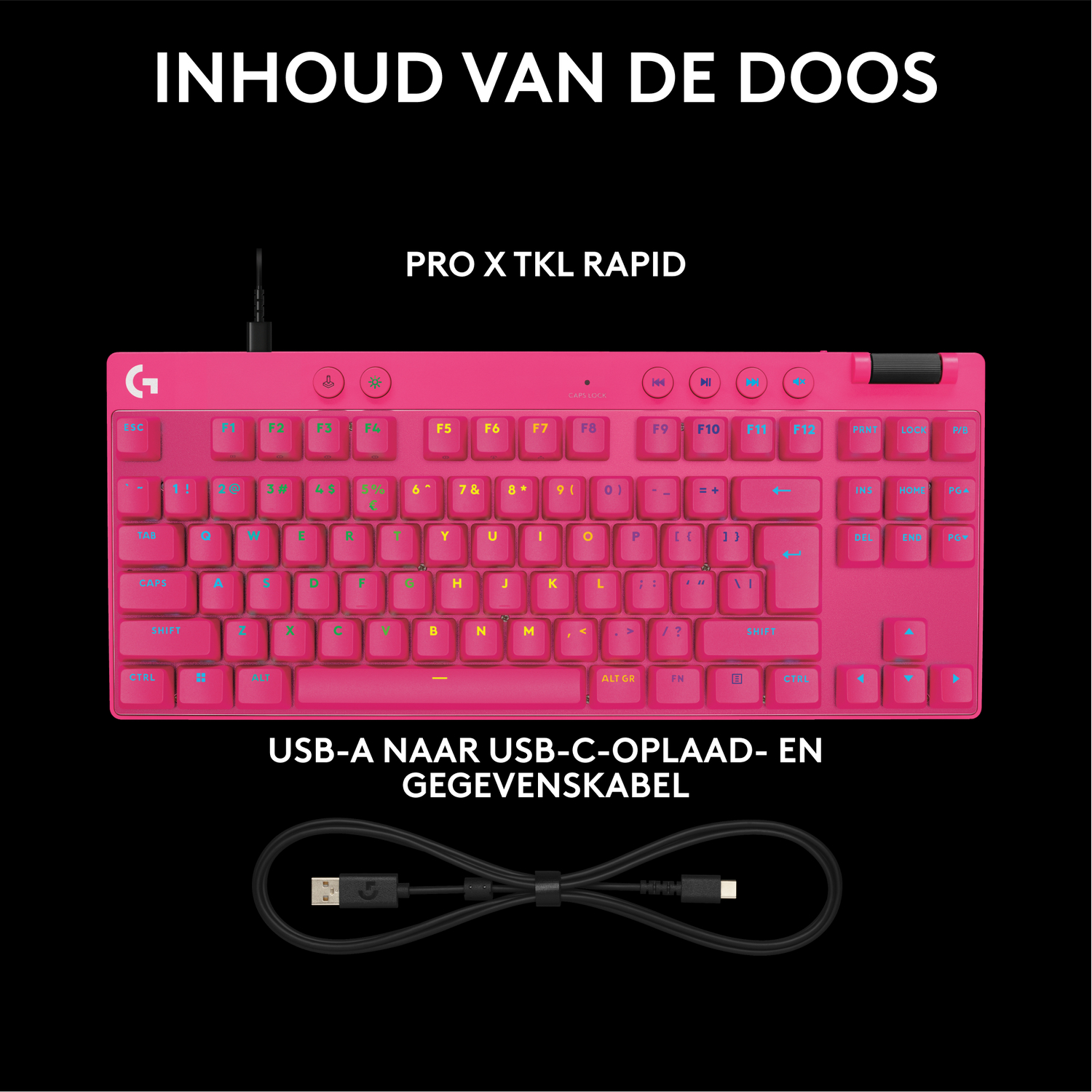 A pink keyboard with black keys, a USB cable, and the words "PRO X TKL RAPID" on top.