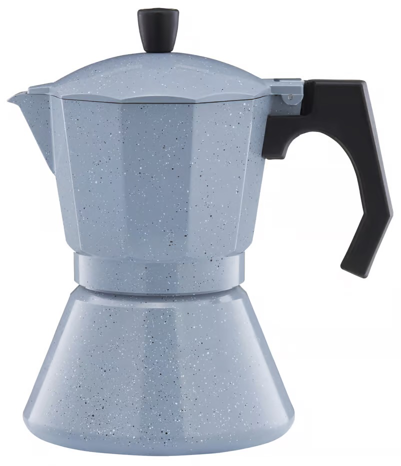 Niebieski, nakrapiany ekspres do kawy z czarnym uchwytem i czarną pokrywą.