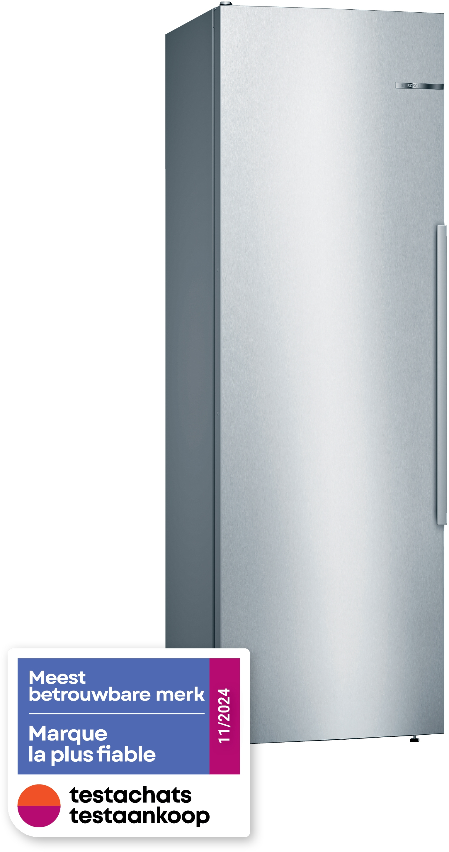 Un réfrigérateur Bosch argenté avec une poignée de porte et un autocollant.