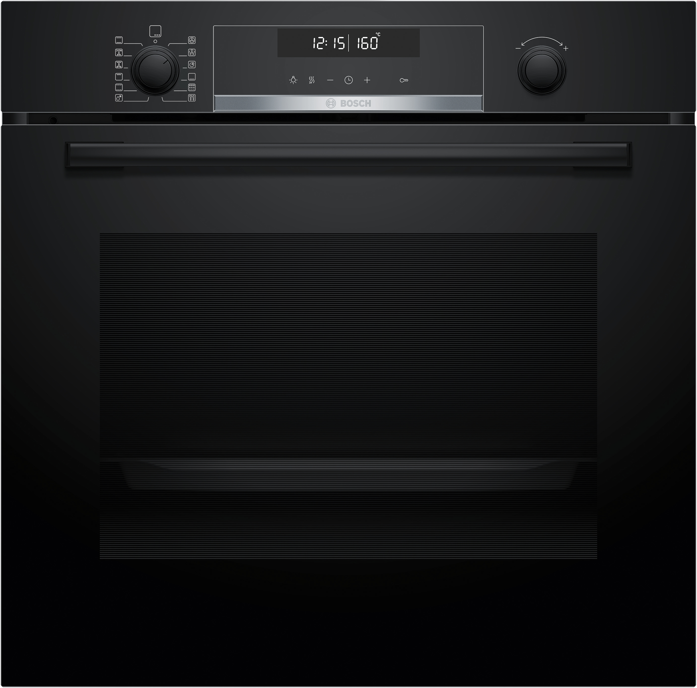 Un forno nero con comandi e un pannello di visualizzazione in alto e una porta a vetri.