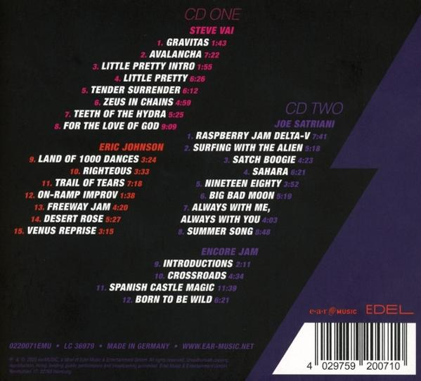 CD-Cover mit Titellisten für Steve Vai und Joe Satriani. Albumname und Songtitel sind sichtbar.