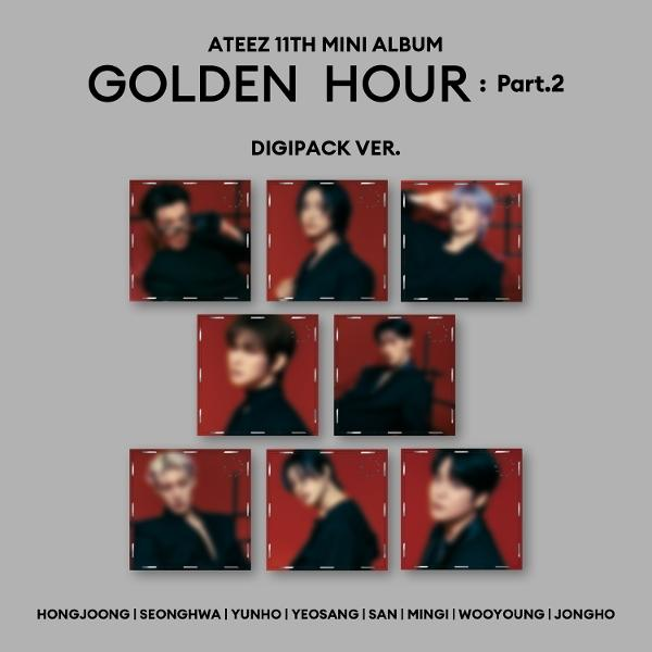 ATEEZ-Albumcover mit sieben unscharfen Fotos der Bandmitglieder. Der Text lautet 'Golden Hour: Part 2'.