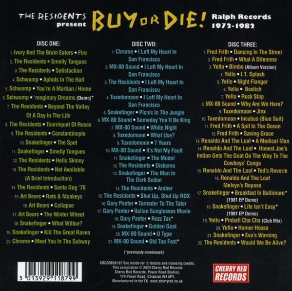 Ein CD-Cover für The Residents, mit Text und einer Liste von Songs.