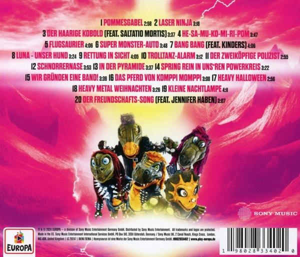 Albumcover mit Zeichentrick-Dinosauriern und Songtiteln.