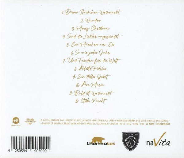Rückseite einer CD mit Gold-Titel-Liste und Text unten. Weißer Hintergrund.
