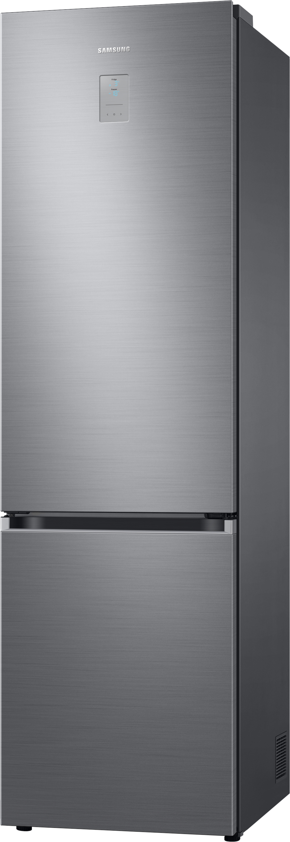 Ein Kühlschrank von Samsung aus Edelstahl mit Gefrierfach unten.