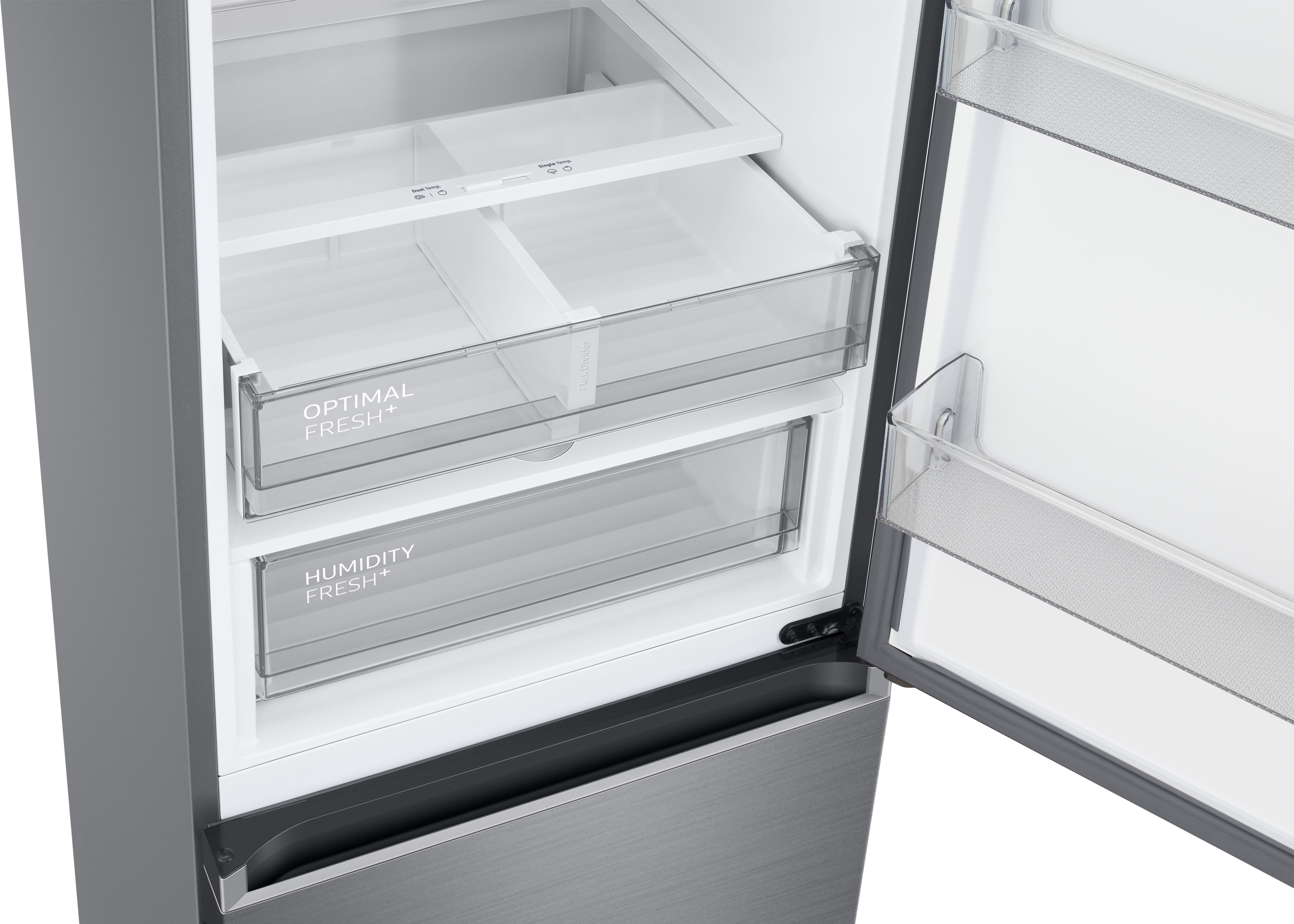 Innenraum eines Kühlschranks mit durchsichtigen Schubladen mit der Aufschrift „Optimal Fresh+“ und „Humidity Fresh“.
