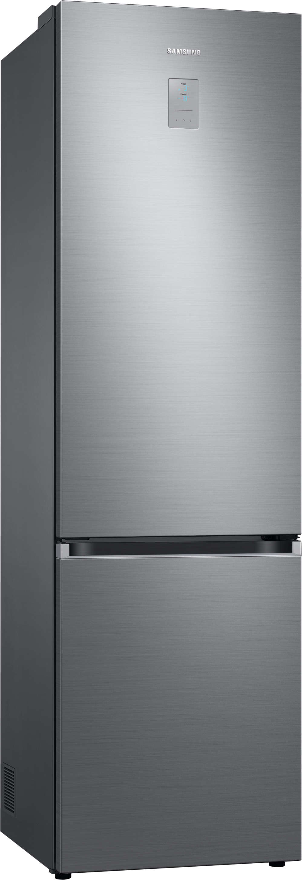 Samsung Kühlschrank, grau, mit Touch-Panel, auf weißem Hintergrund.