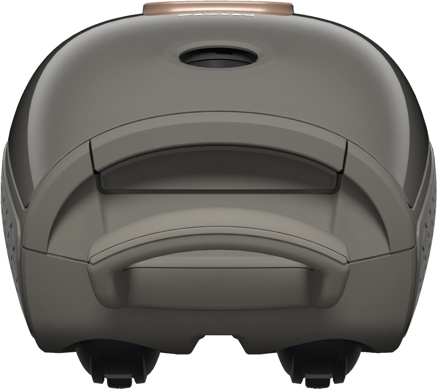 Ein grauer Staubsauger mit Griff und Rädern.