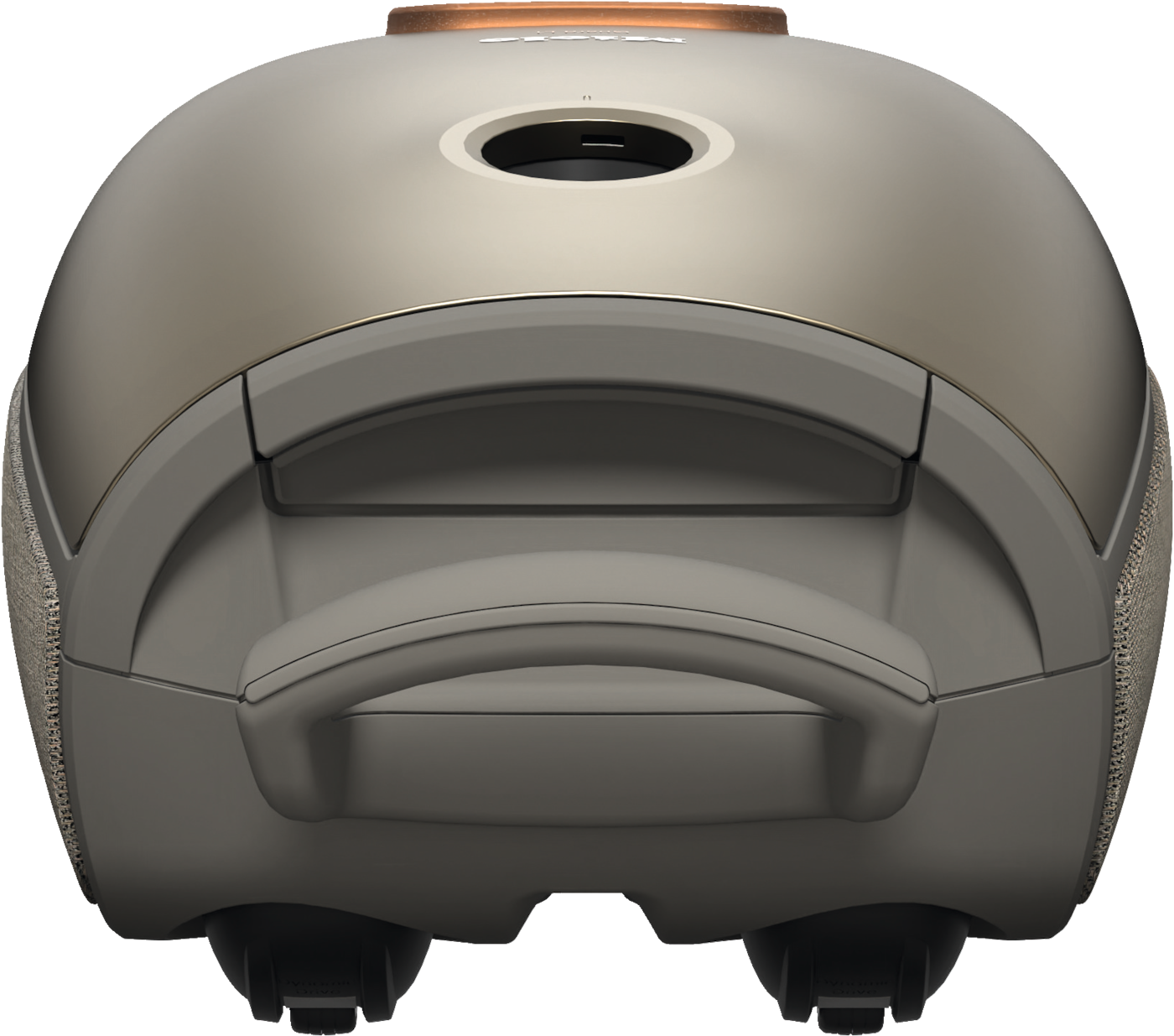 Nahaufnahme eines modernen, grauen Staubsaugers. Er hat einen Griff und Räder.