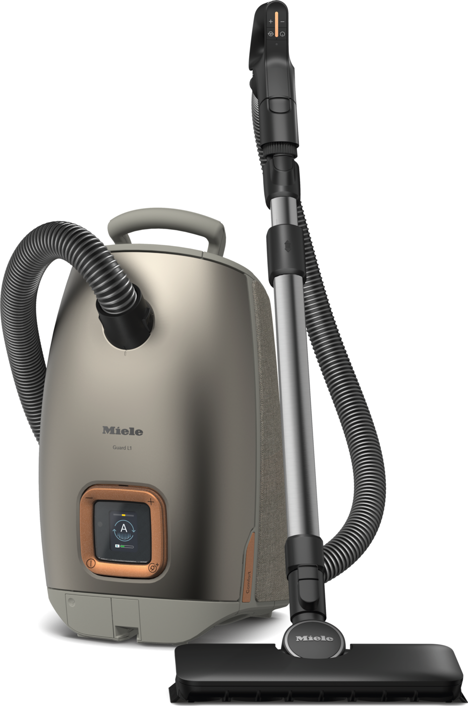 Ein silberner und schwarzer Miele Staubsauger mit langem Griff. Ein digitales Display wird angezeigt.