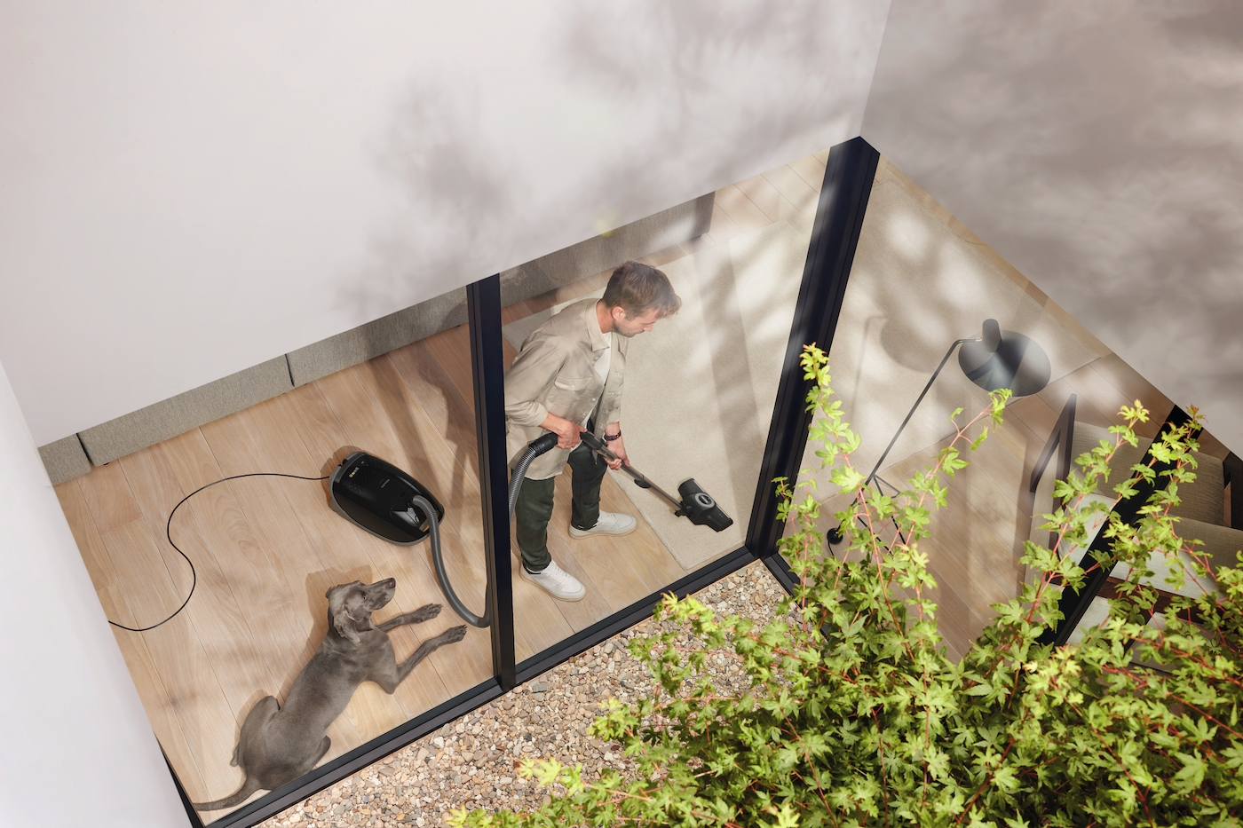 Ein Mann, der einen Teppich saugt, mit einem Hund in der Nähe.