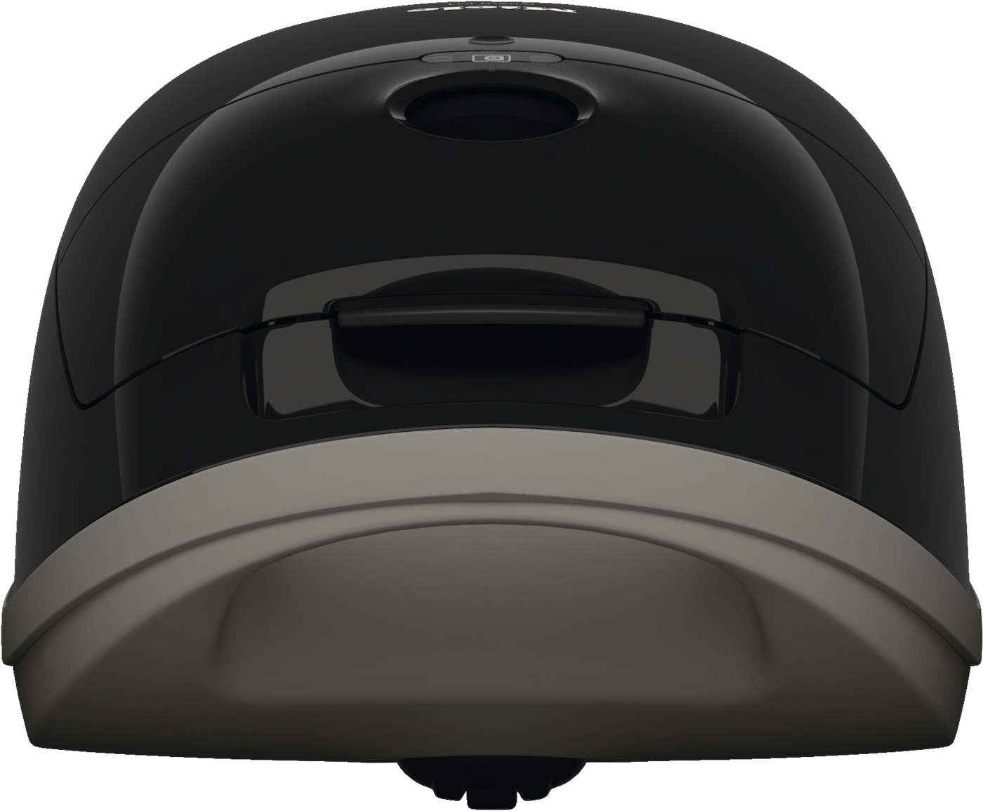 Draufsicht auf einen schwarzen Roboter-Staubsauger. Er hat einen Griff und eine abgerundete Form.