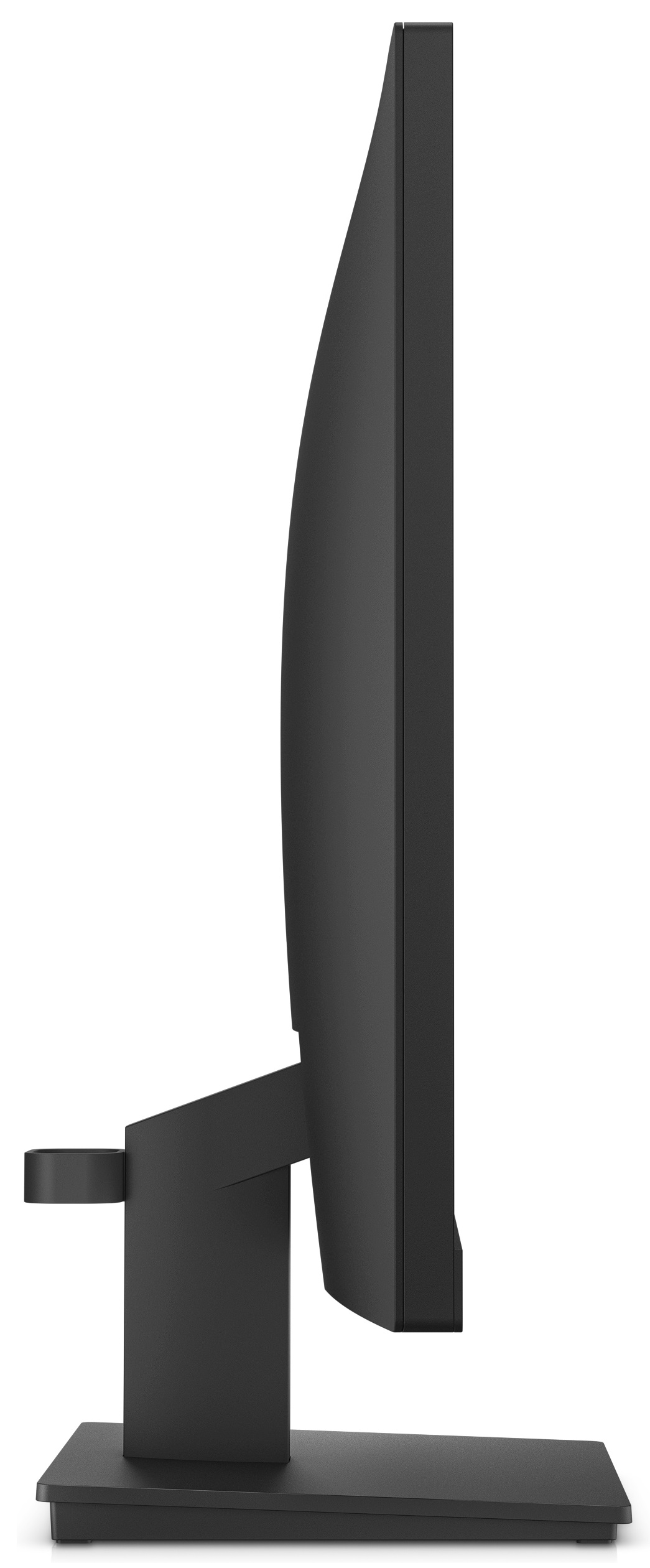 Czarny monitor komputera, widok z boku, ze stojakiem, na białym tle.