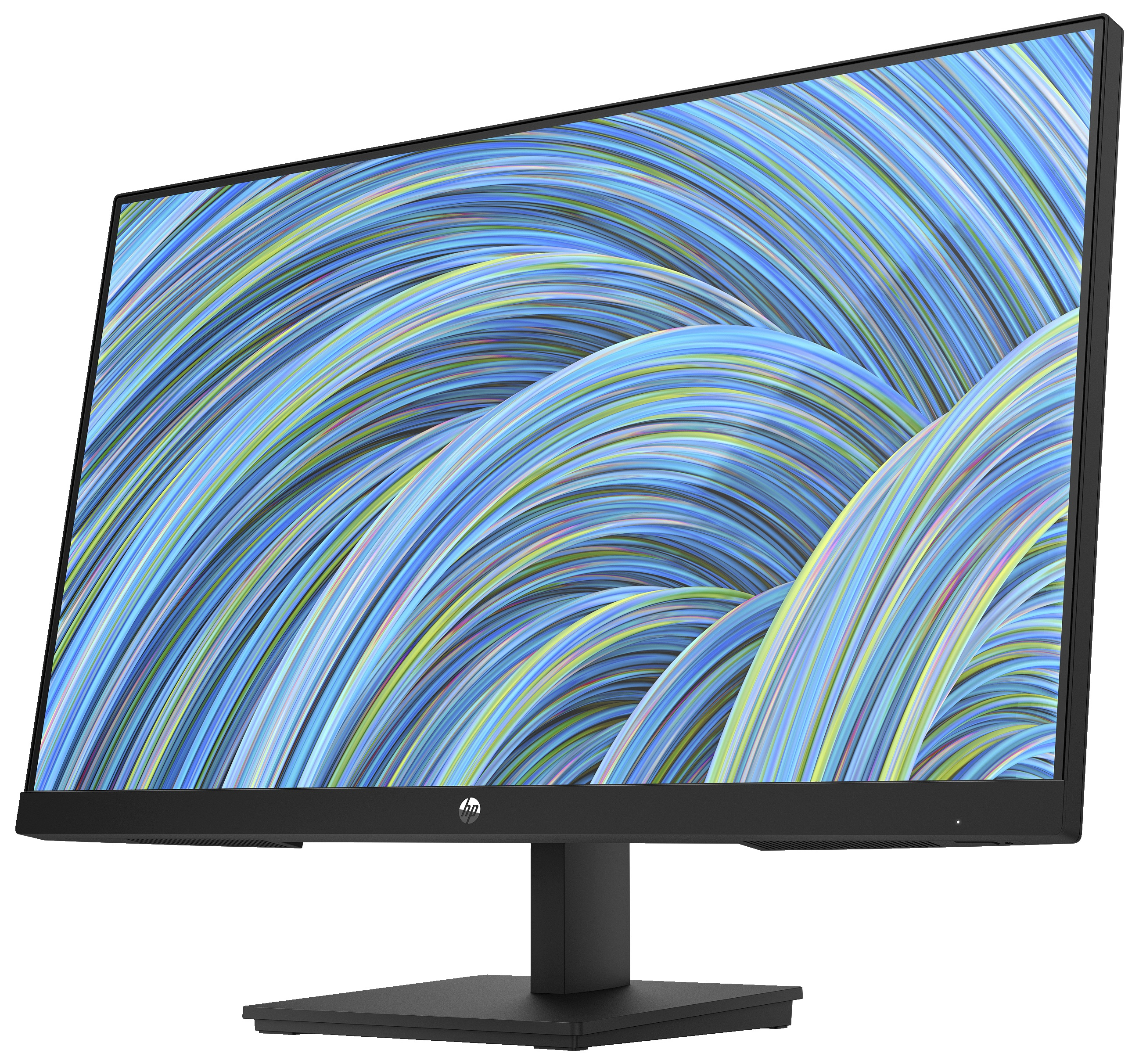 Czarny monitor komputera wyświetlający kolorowe abstrakcyjne faliste linie, widok pod kątem.