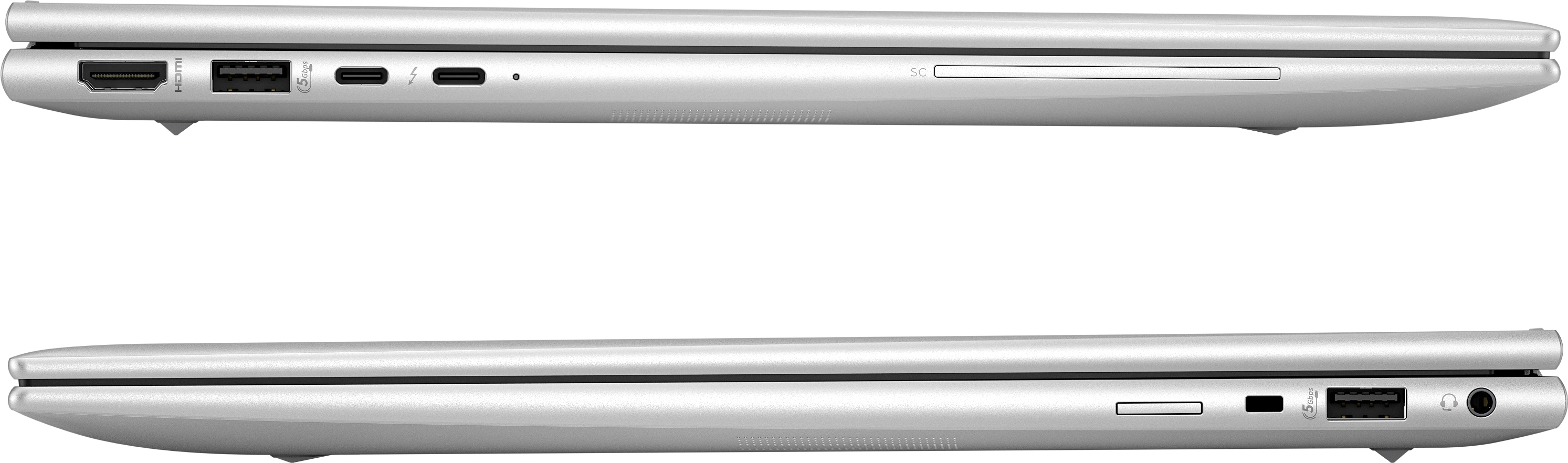 Zwei Seitenansichten eines silbernen Laptops. Zeigt Anschlüsse auf der linken und rechten Seite.