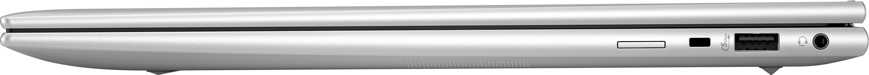 Seitenansicht eines silbernen Laptops mit Anschlüssen und einem Kopfhöreranschluss.