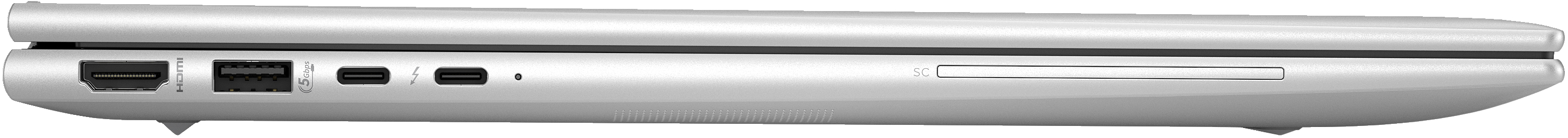 Ein silberner Laptop, der die Anschlüsse an der Seite zeigt.