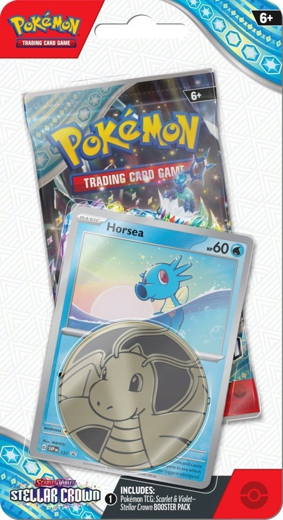 Paczka Pokémon TCG z kartą Horsea i monetą. Zestaw wzmacniający Stellar Crown.