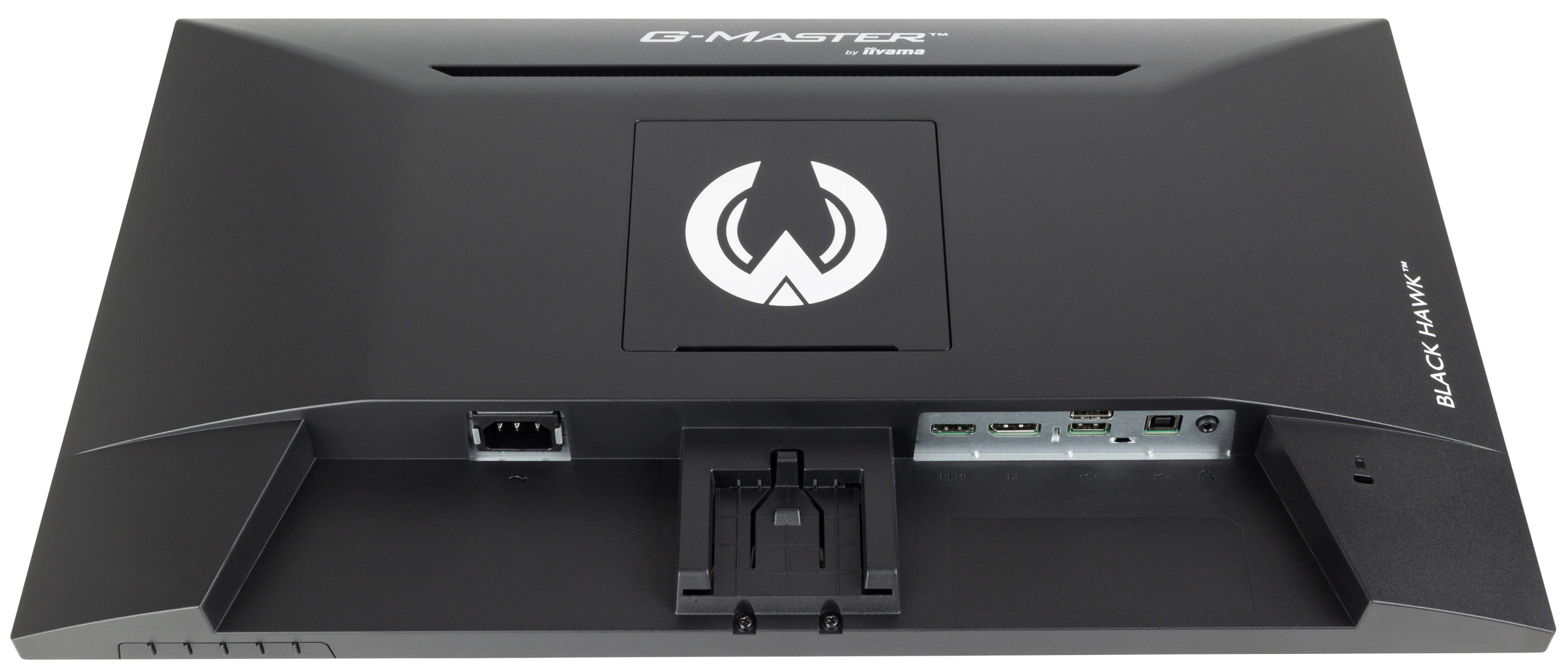 Tył czarnego monitora z portami i logo, branding Black Hawk.