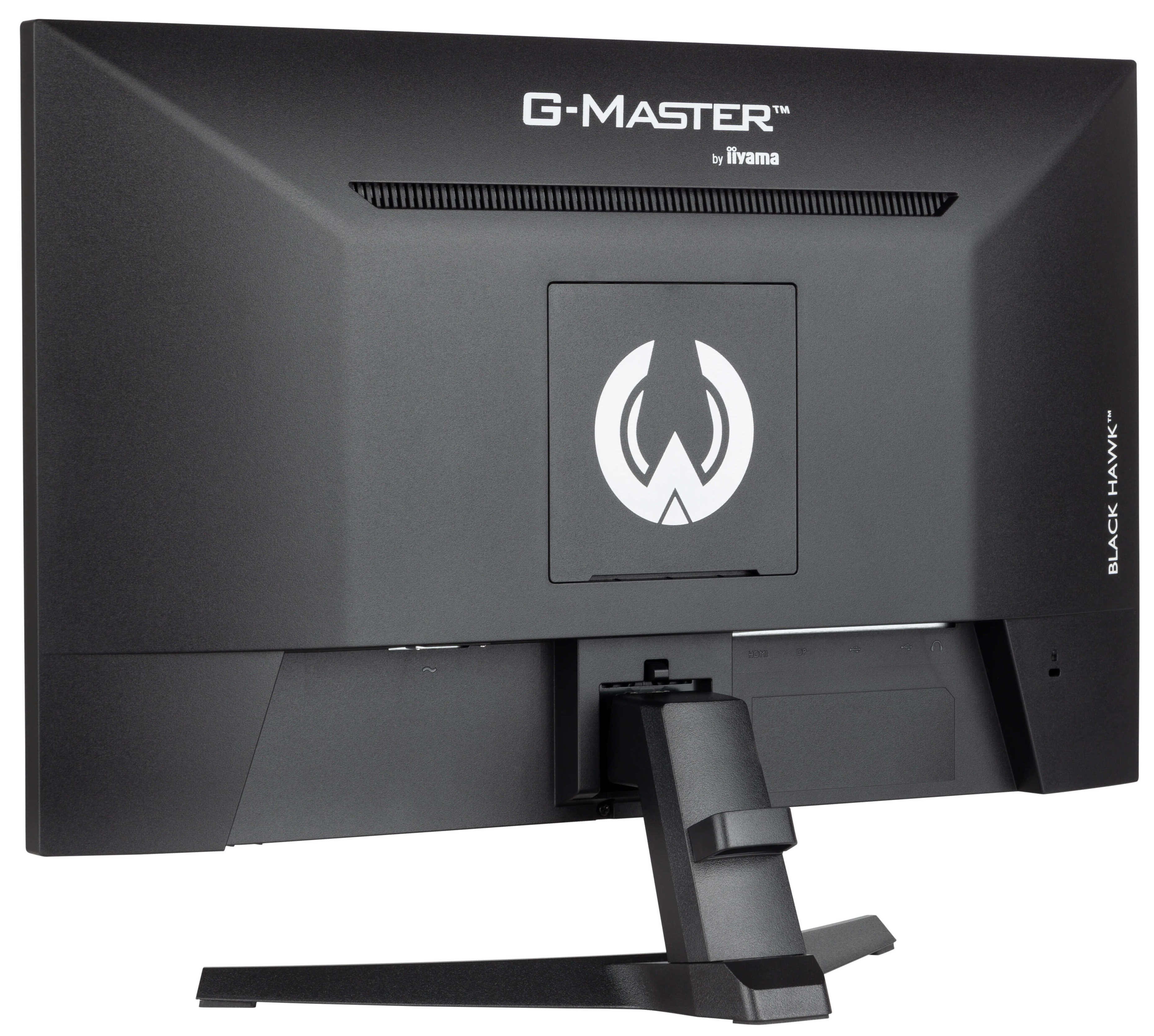 Tył czarnego monitora komputera. Logo mówi G-MASTER. Ma podstawę i kilka portów wejściowych.