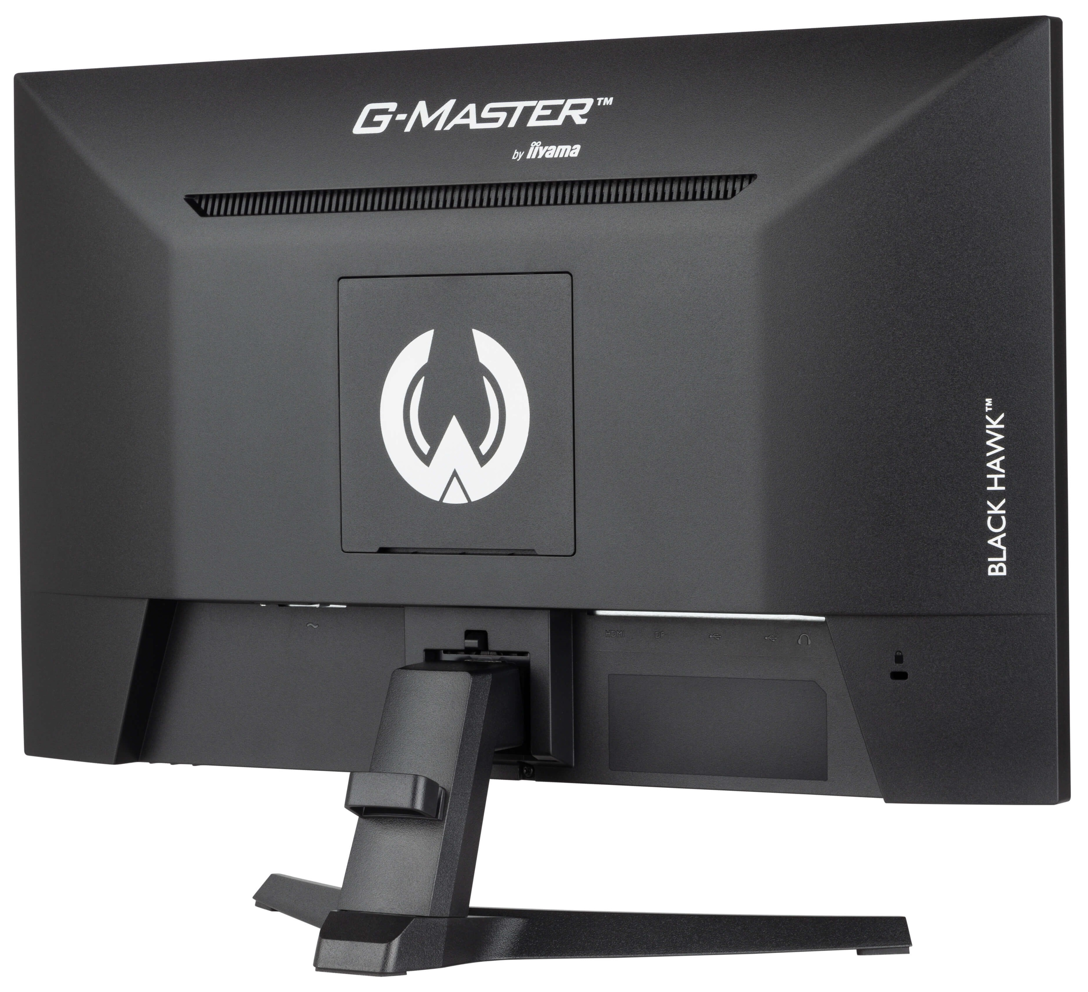 Tył czarnego monitora komputera, pokazujący podstawę, porty i logo na środku.