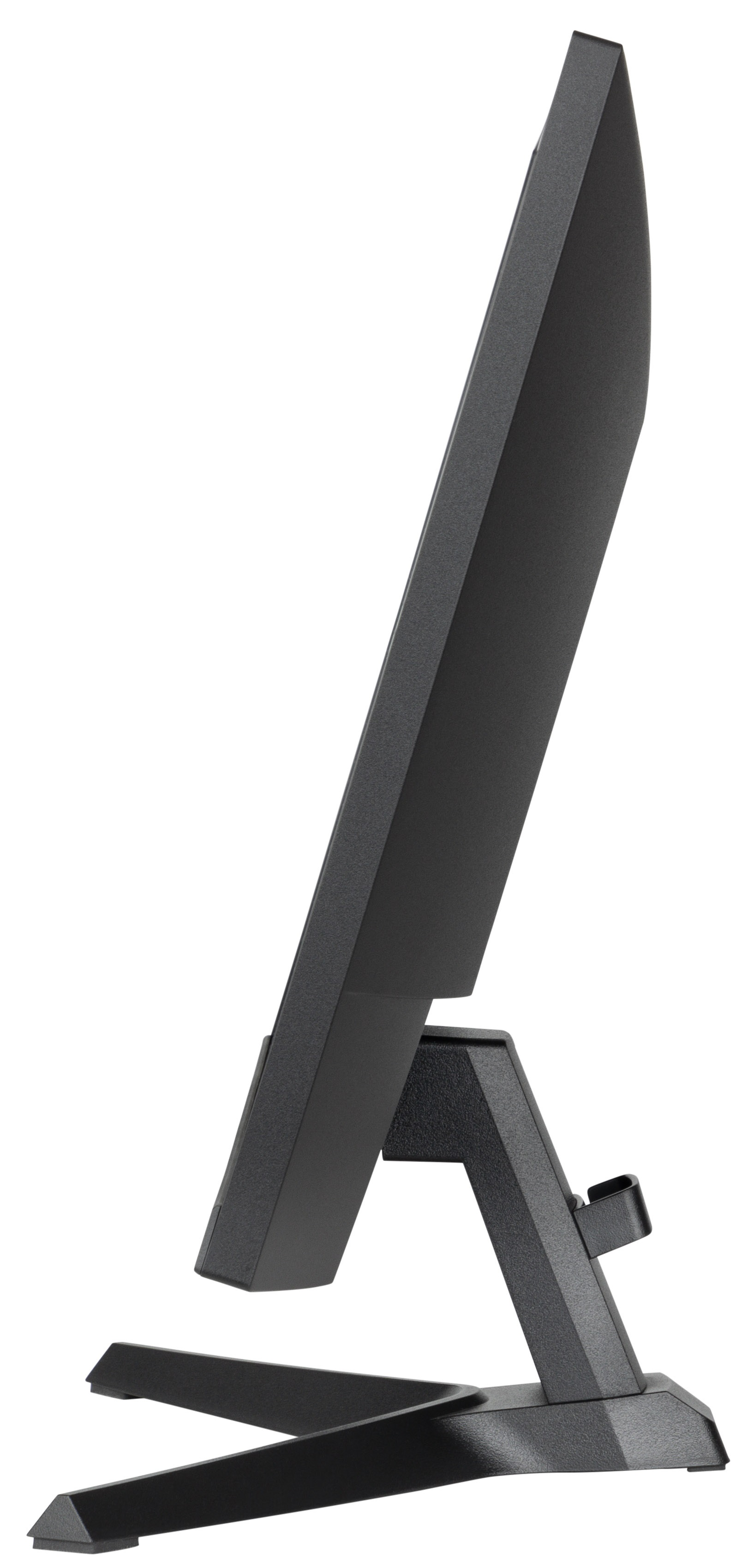 Czarny monitor komputera widziany z boku, pokazujący jego smukłą konstrukcję i podstawę.