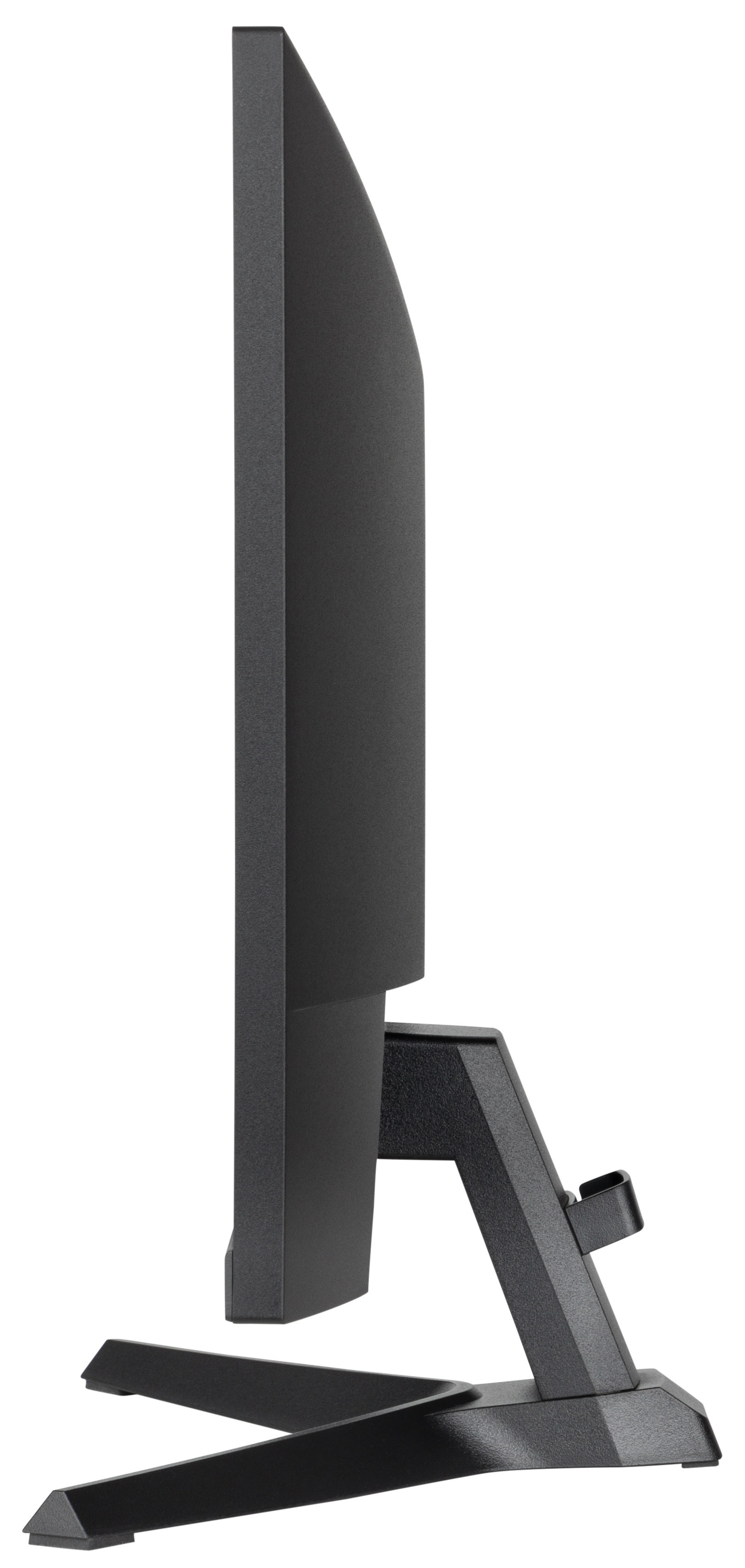 Czarny monitor komputera, widok z boku. Smukła konstrukcja ze stojakiem.