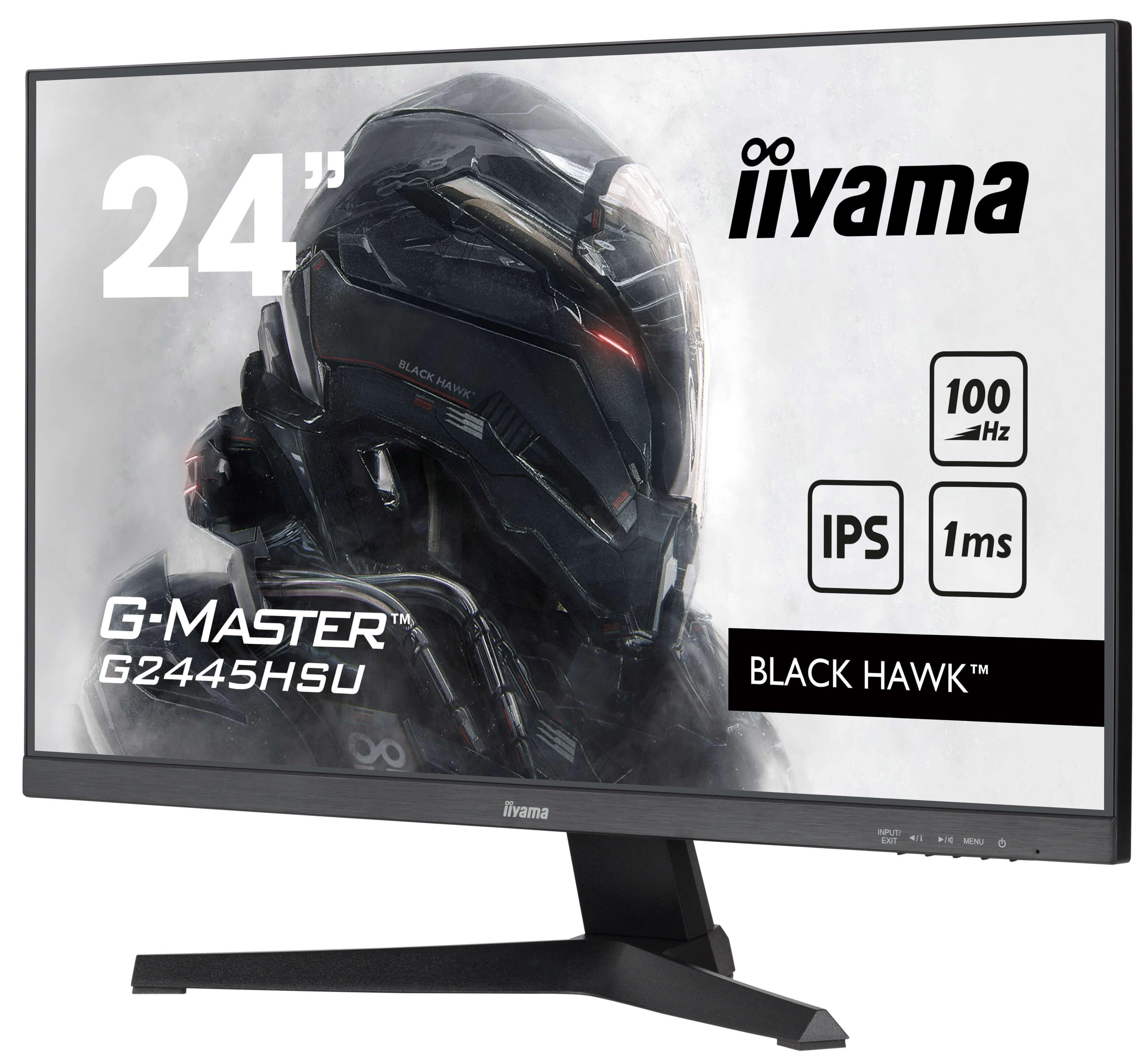 Monitor komputerowy z czarną ramką. Ekran pokazuje czarną opancerzoną twarz. Biały tekst.