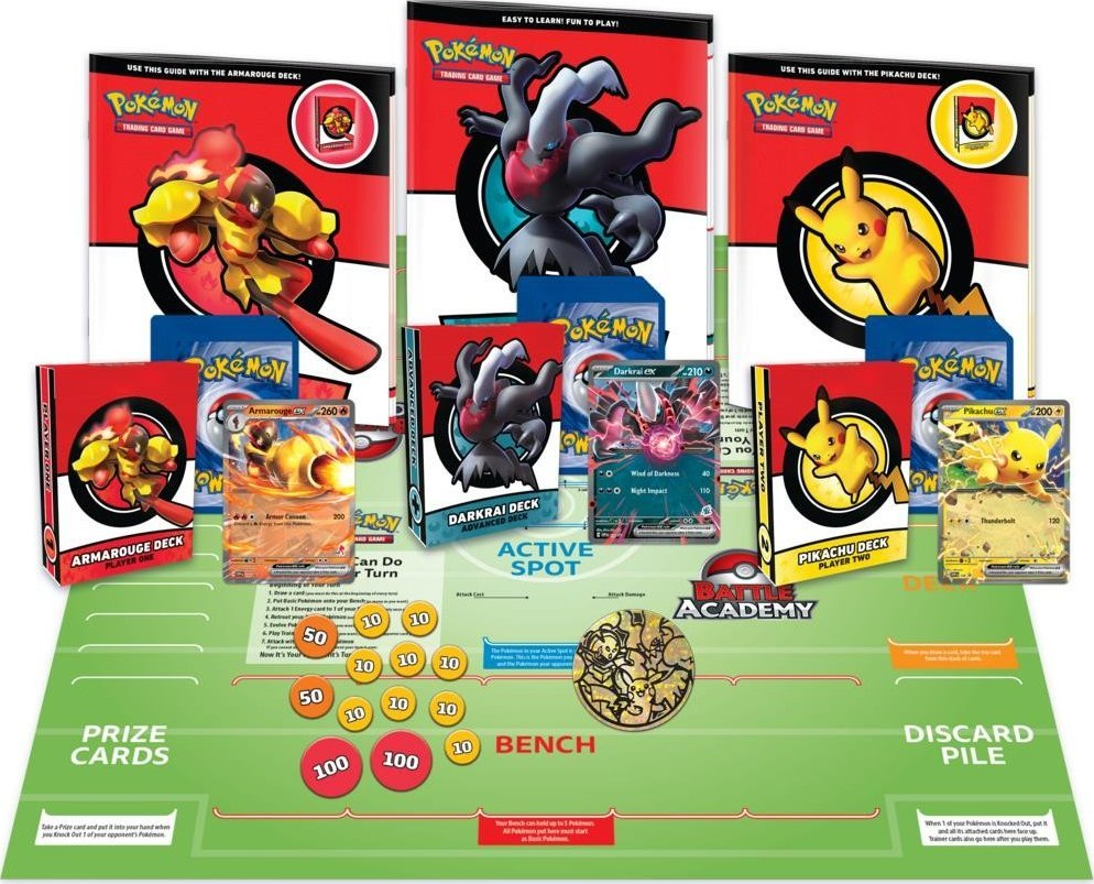 Zestaw Pokemon Trading Card Game z planszą, kartami i akcesoriami. Wiele paczek i talii.
