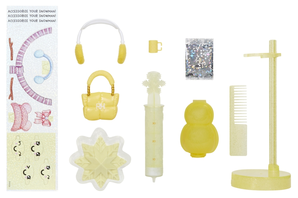 Zestaw akcesoriów do bałwana: nauszniki, torba, kubek, konfetti w kształcie gwiazd, grzebień, stojak, strzykawka, forma płatka śniegu i wycinki.