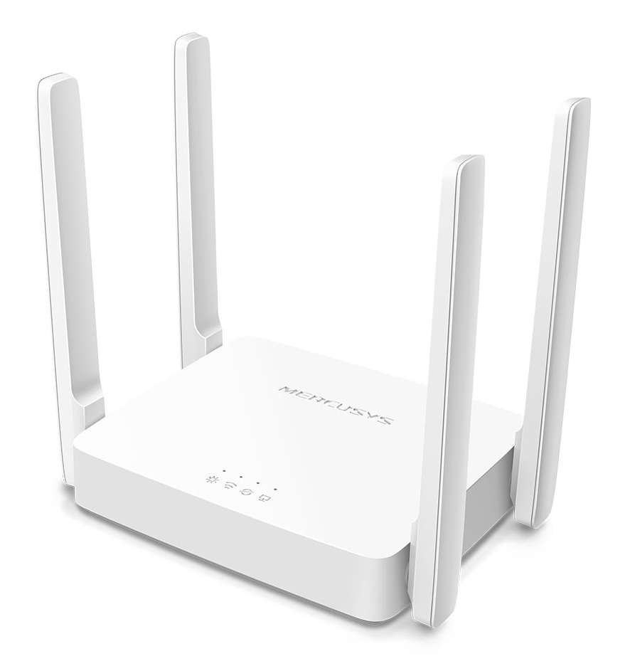Biały router z czterema antenami. Znajduje się na białej powierzchni.
