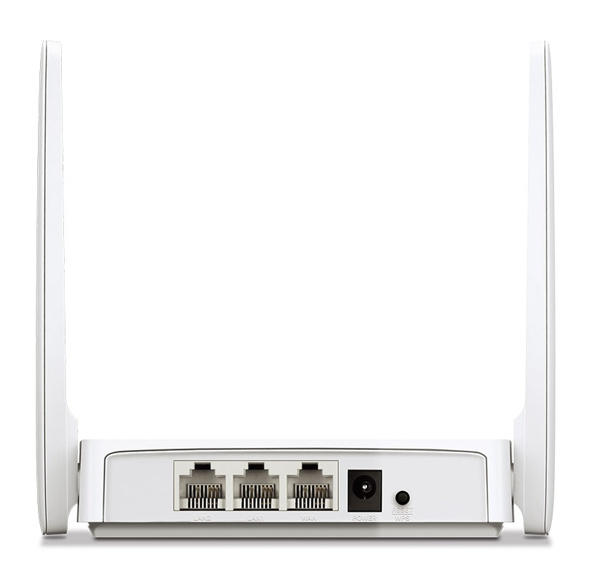 Biały router z antenami i portami. Widok z tyłu z portami Ethernet, zasilania i resetowania.