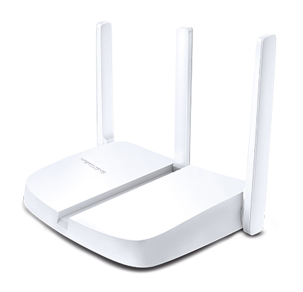 Biały router z trzema antenami. Ma płaską, prostokątną podstawę.