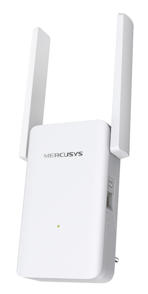 Biały wzmacniacz WiFi Mercusys z dwoma antenami. Zielone światło.