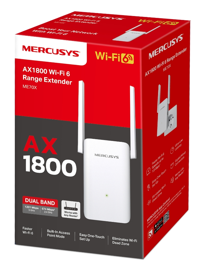 Czerwono-białe pudełko Mercusys Wi-Fi 6 Range Extender. Pudełko ma nazwę produktu i zdjęcie urządzenia.