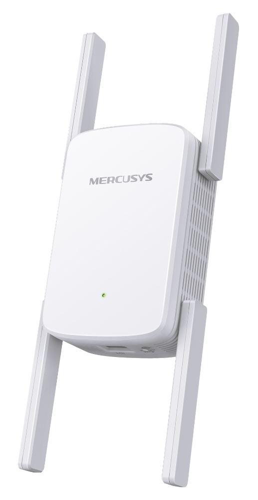 Biały wzmacniacz sygnału WiFi Mercusys z antenami na białym tle.