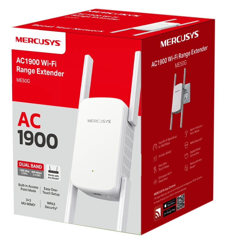 Biało-czerwone pudełko przedłużacza zasięgu Wi-Fi ze zdjęciem urządzenia.